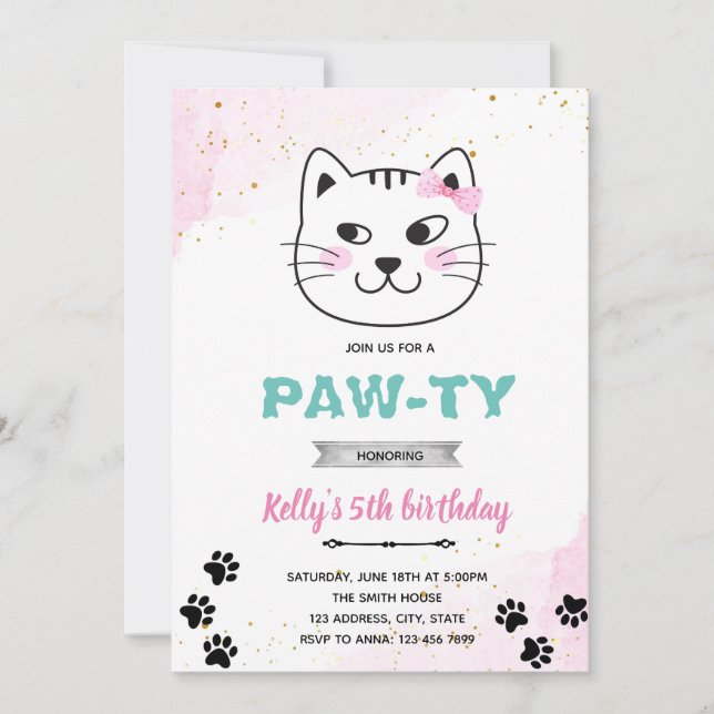 Cat face party pawty theme invitation (Front)