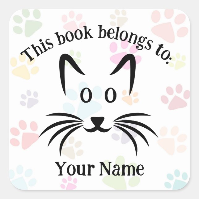Cat Face & Paw Prints Design Bookplate Sticker (Front)