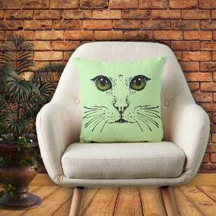 Cat Face Sketch Deep Green Eyes long Whiskers  Cushion