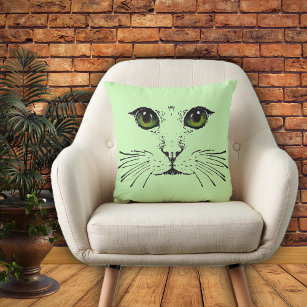 Cat Face Sketch Deep Green Eyes long Whiskers  Cushion