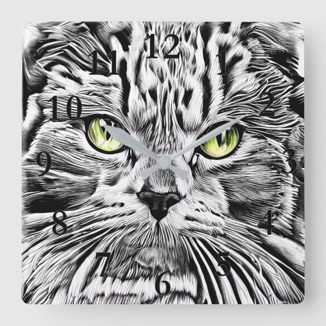 Cat face square wall clock (Front)