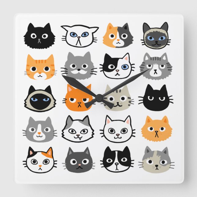 Cat Faces | Cute, Funny and Annoyed Cats Square Wall Clock (Front)