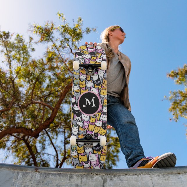 Cat faces cute kittie pets doodle pattern monogram skateboard (Outdoor 1)