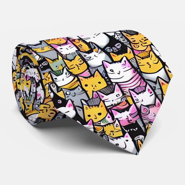 Cat faces doodle feline pets kitties monogram  tie (Rolled)