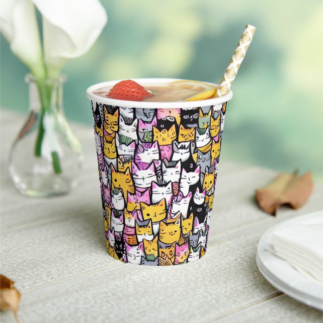 Cat faces doodle print pattern kitties feline pets paper cups (Insitu)