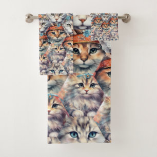 Cat faces Hexagon Pattern Bath Towel Set