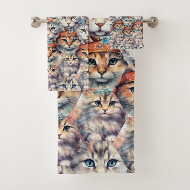 Cat faces Hexagon Pattern Bath Towel Set (Insitu)