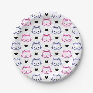Cat Faces Pattern and Hearts Birthday 7 inch Round Paper Plate