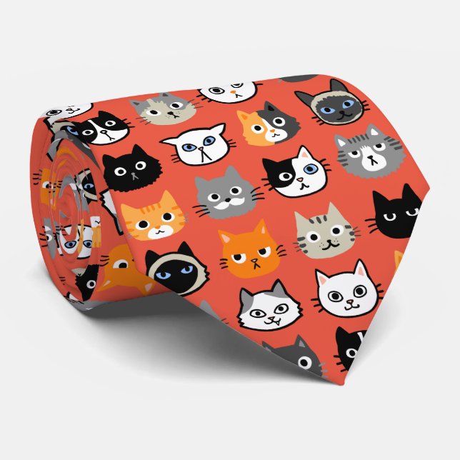 Cat Faces Pattern | Cool Kitty Cat Lover's Red Tie (Rolled)