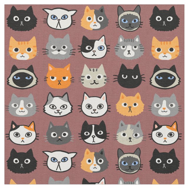 Cat Faces Pattern | Funny Cats Animal Lover's Fabric (Close Up)