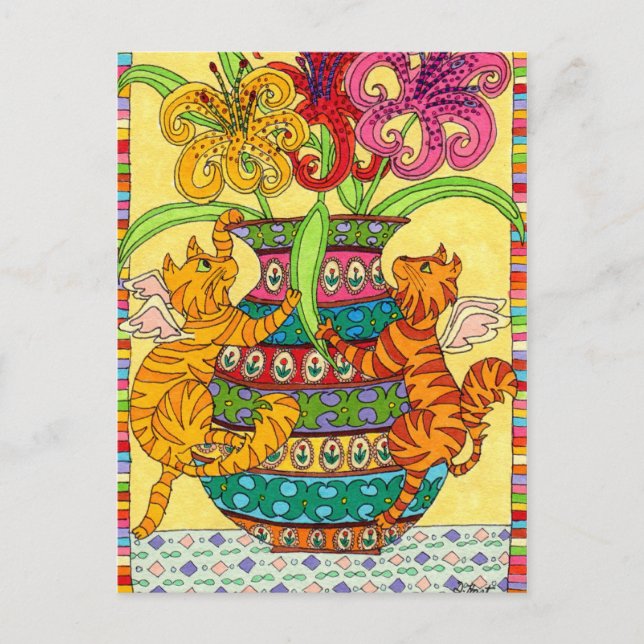 Cat Fairies with Ornate Vase of Lilies Postcard (Front)
