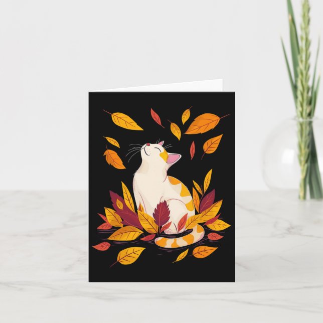 Cat Fall Leaf Tree Hello Autumn Thanksgiving  Card (Front)