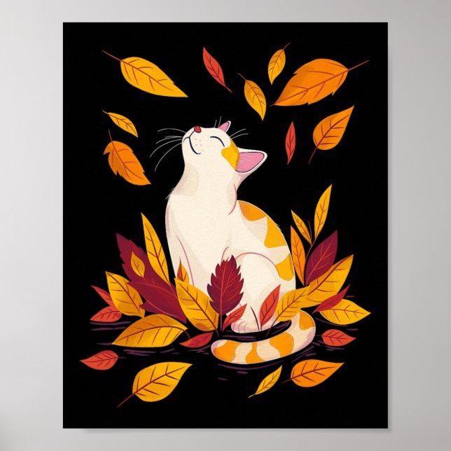 Cat Fall Leaf Tree Hello Autumn Thanksgiving  Poster (Front)