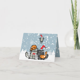Cat Family Christmas, snow, cartoon, funny Holiday Card