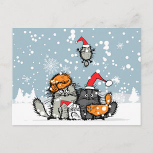 Cat Family Christmas, snow, cartoon, funny Holiday Postcard
