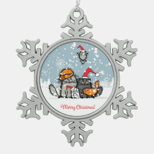 Cat Family Christmas, snow, cartoon, funny Snowflake Pewter Christmas Ornament