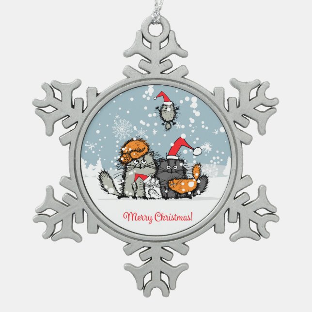 Cat Family Christmas, snow, cartoon, funny Snowflake Pewter Christmas Ornament (Front)