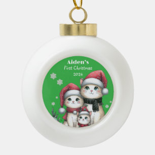 Cat Family First Christmas Add Baby Name Ceramic Ball Christmas Ornament
