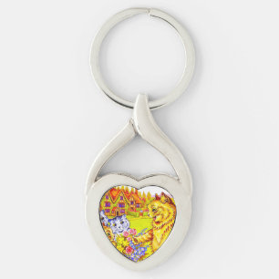 Cat Family in Garden Key Ring