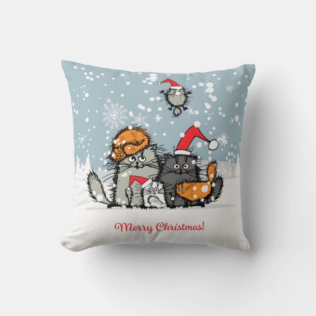 Cat Family Portrait in the Snow Christmas Cushion (Front)