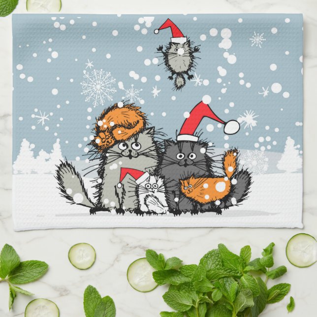 Cat family portrait in the snow tea towel (Folded)