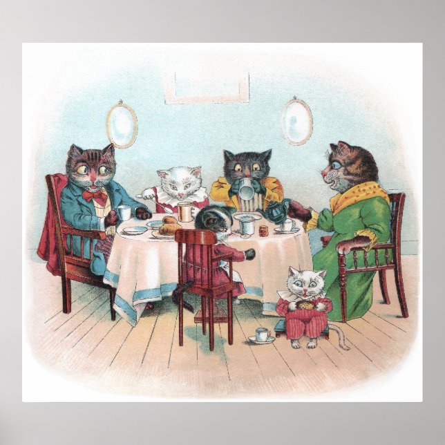 Cat Family Sits Down to Breakfast Poster (Front)