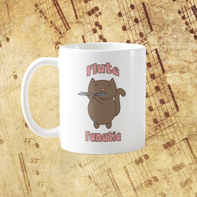 Cat Fanatic Pink Brown Cat Coffee Mug (A mug with the words Flute Fanatic and a brown cat playing the flute!)