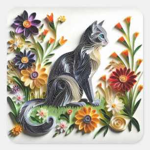 Cat Faux Paper Quilling Cat and Flowers Square Sticker