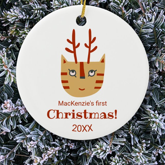 Cat First Christmas Ceramic Ornament (Fun cat personalized name first Christmas ornament)