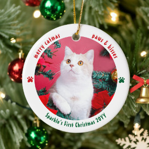 Cat First Christmas Custom 2 Photo Pet  Ceramic Ornament