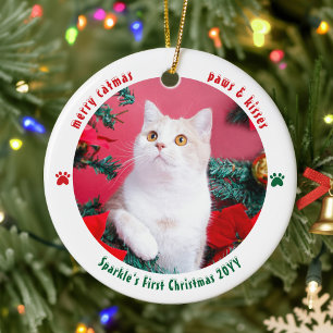 Cat First Christmas Custom 2 Photo Pet Ceramic Ornament
