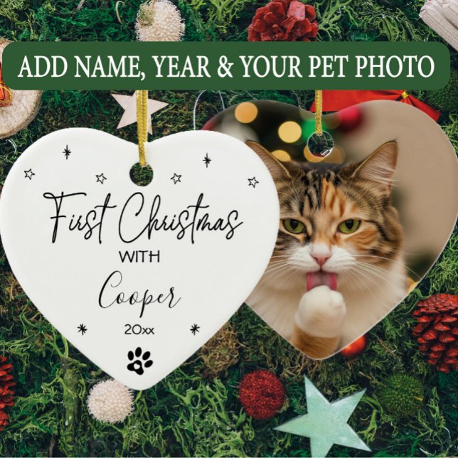 Cat First Christmas Custom Name & Photo Ceramic Ornament (Creator Uploaded)