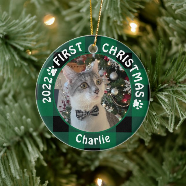 Cat FIRST CHRISTMAS Green Buffalo Plaid 2 Photo Ceramic Ornament (Tree)