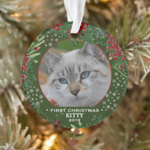 Cat First Christmas holly wreath snowflakes photo Ornament