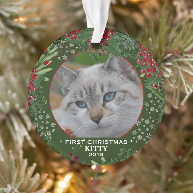 Cat First Christmas holly wreath snowflakes photo Ornament (Tree)