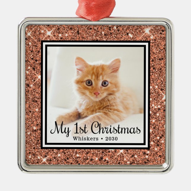 Cat First Christmas Photo Metal Ornament (Front)