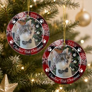 Cat First Christmas Red Black Plaid Photo Ceramic Ornament