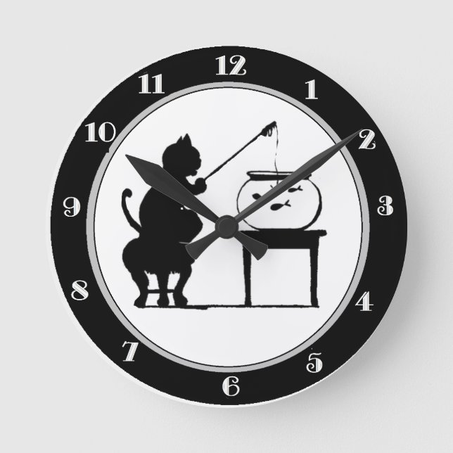Cat Fishing in Fish Bowl Round Clock (Front)