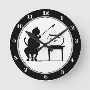 Cat Fishing in Fish Bowl Round Clock