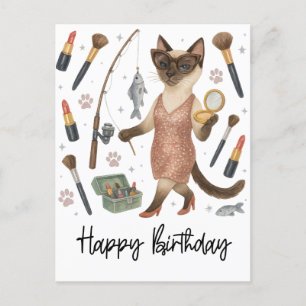 Cat Fishing Lovers drinking Coffee Birthday Postcard