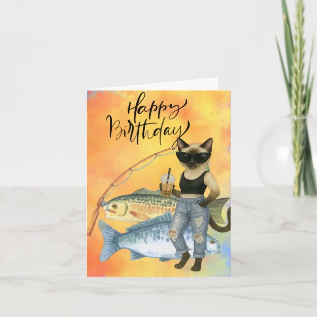 Cat Fishing Lovers Happy Birthday  Card (Front)