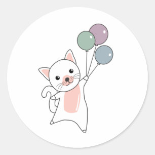 Cat Flies Up With Colourful Balloons Classic Round Sticker