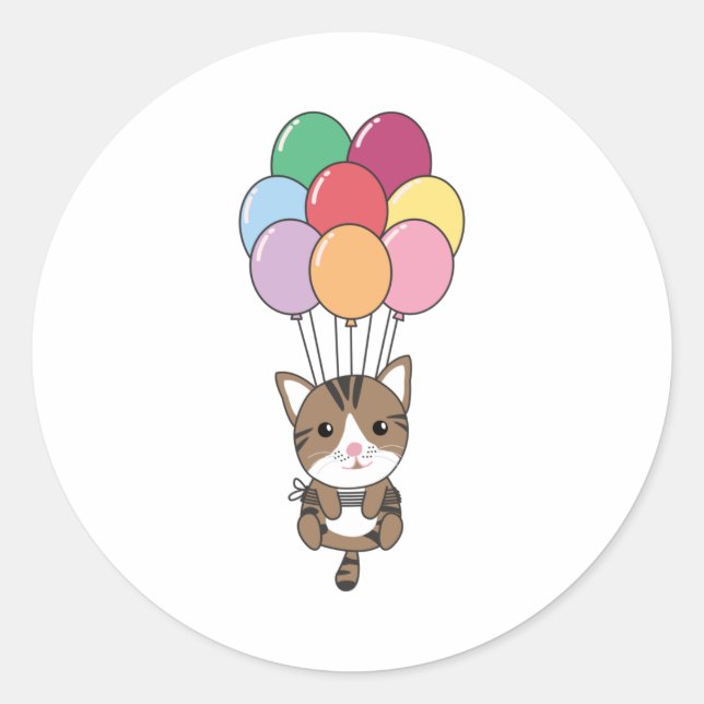 Cat Flies Up With Colourful Balloons Classic Round Sticker (Front)