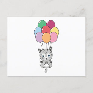 Cat Flies Up With Colourful Balloons Postcard