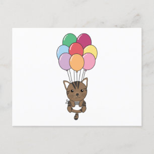 Cat Flies Up With Colourful Balloons Postcard