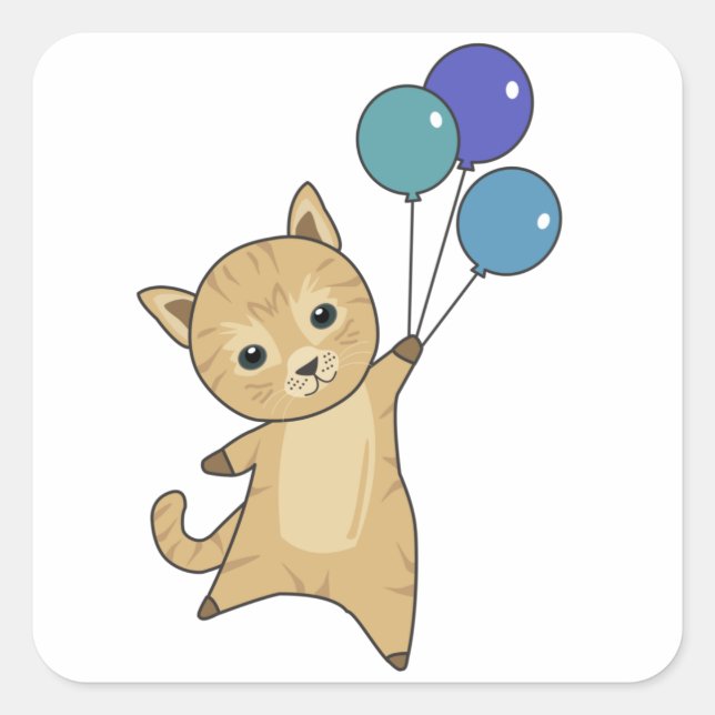 Cat Flies Up With Colourful Balloons Square Sticker (Front)
