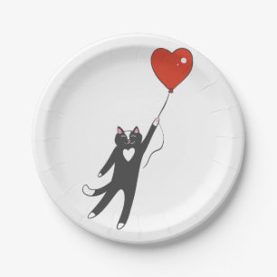 Cat floating tied to a balloon - Choose back color Paper Plate