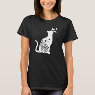 Cat  Floral Butterfly Flowers Women Girls Cat Mum  T-Shirt