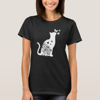 Cat  Floral Butterfly Flowers Women Girls Cat Mum  T-Shirt