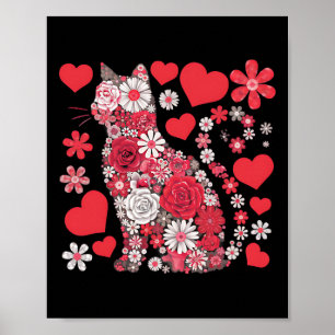 Cat Floral Hearts Romantic Valentine Day For Kids  Poster